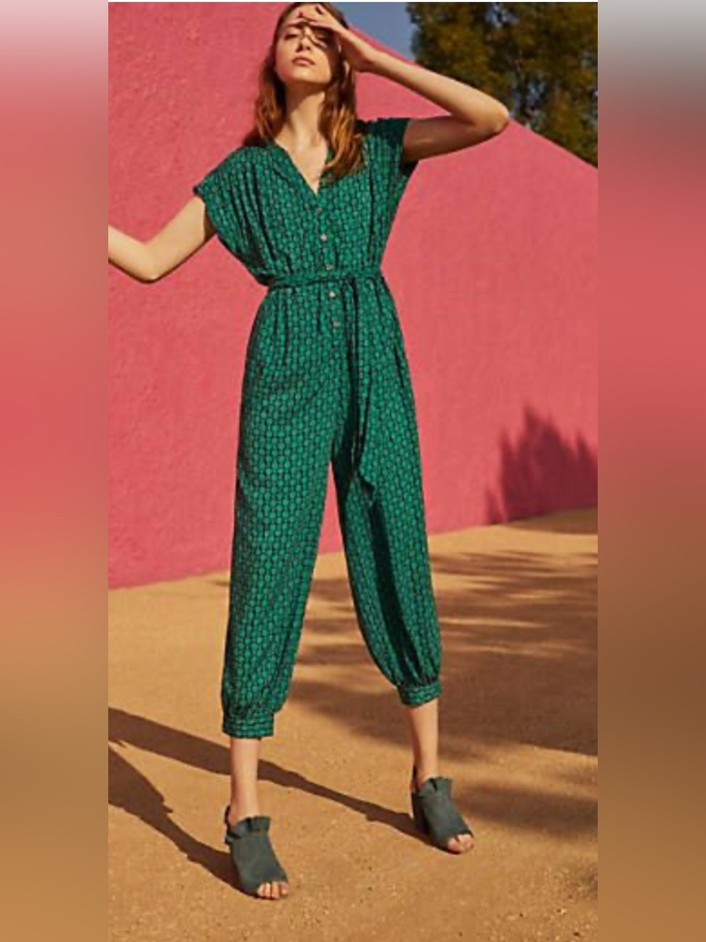 Maeve Anthropologie Karsten Harem Jumpsuit Green Geometric Light Summer XS